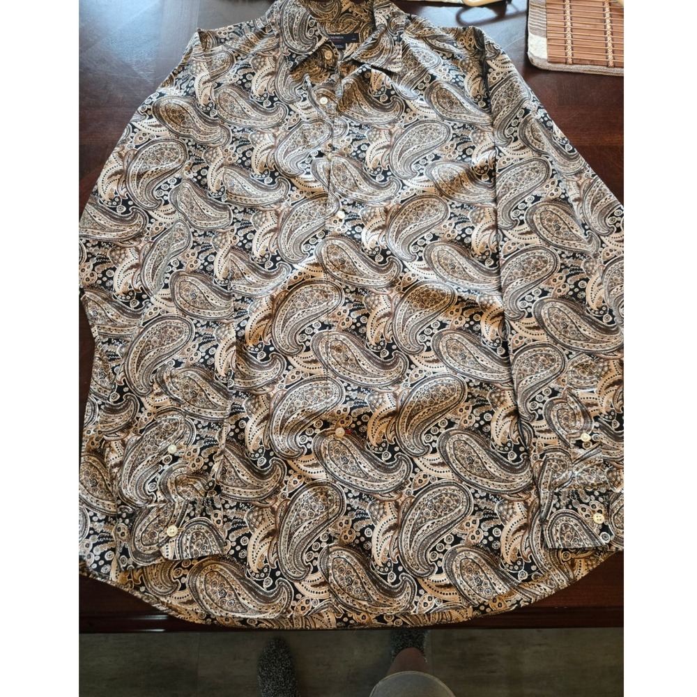 Cremieux Classics Womens Large Paisley Button Down Shirt Cotton Tan Brown Black